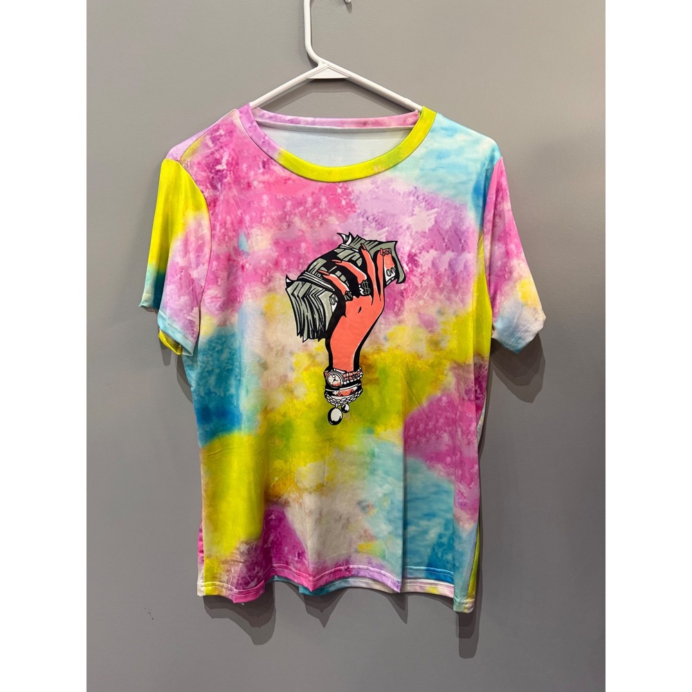 Women Colorful Tie Dye Money Graphic T-Shirt Pink Yellow Blue XL Streetwear